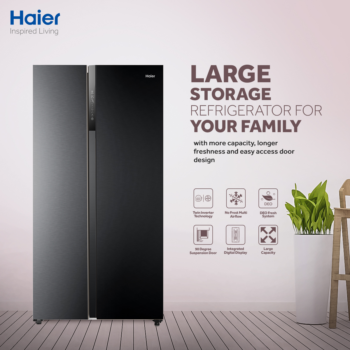 Haier Refrigerator - HRF - 622/IBS Inverter - Side By Side - 21.9CFT - 550LTR