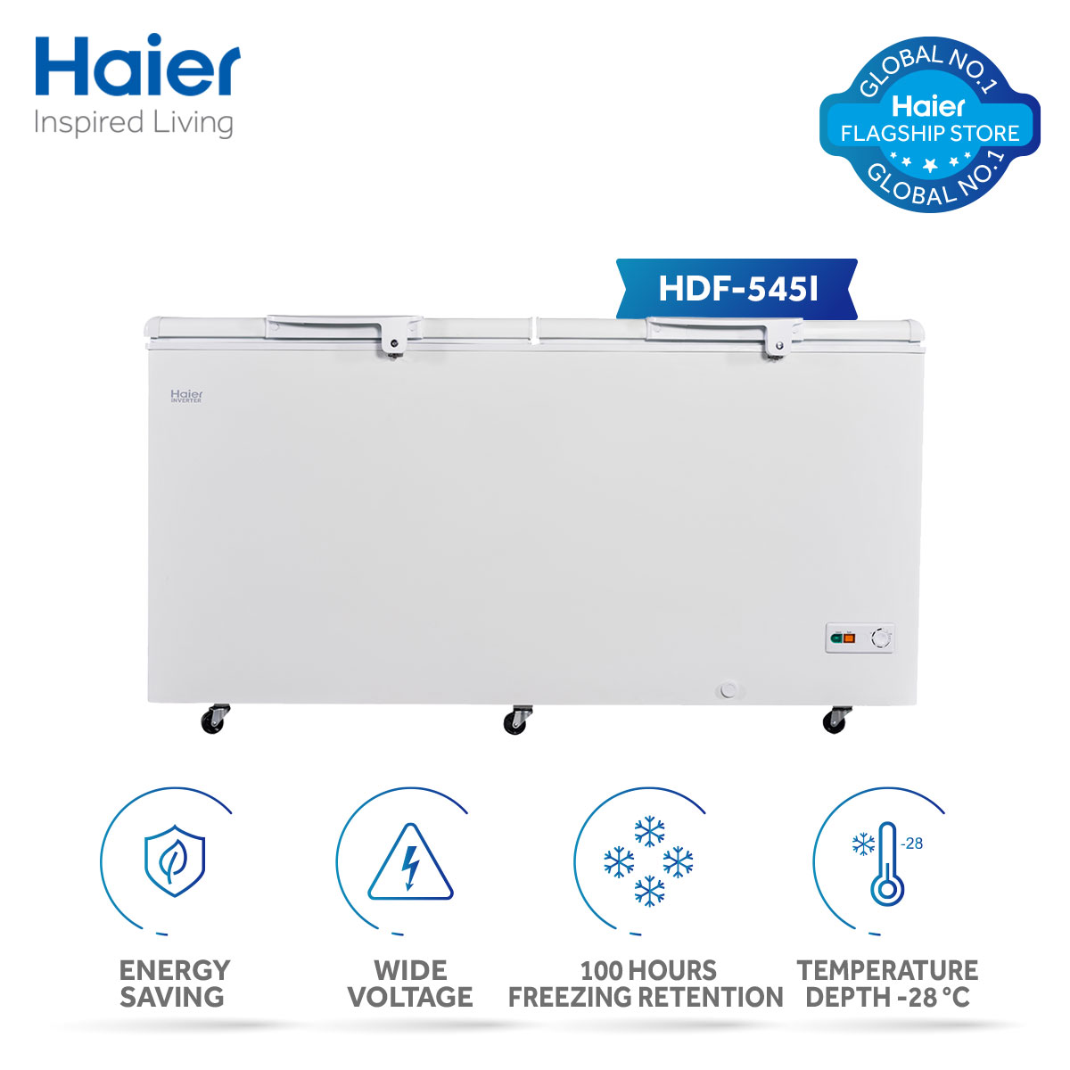 Haier HDF-545I (19.26 Cu Ft) / Inverter/Double Door Series (Inverter + Balanced Cooling + Super Freeze Function + Ref & DF Separate) Deep Freezer/10 Years Warranty